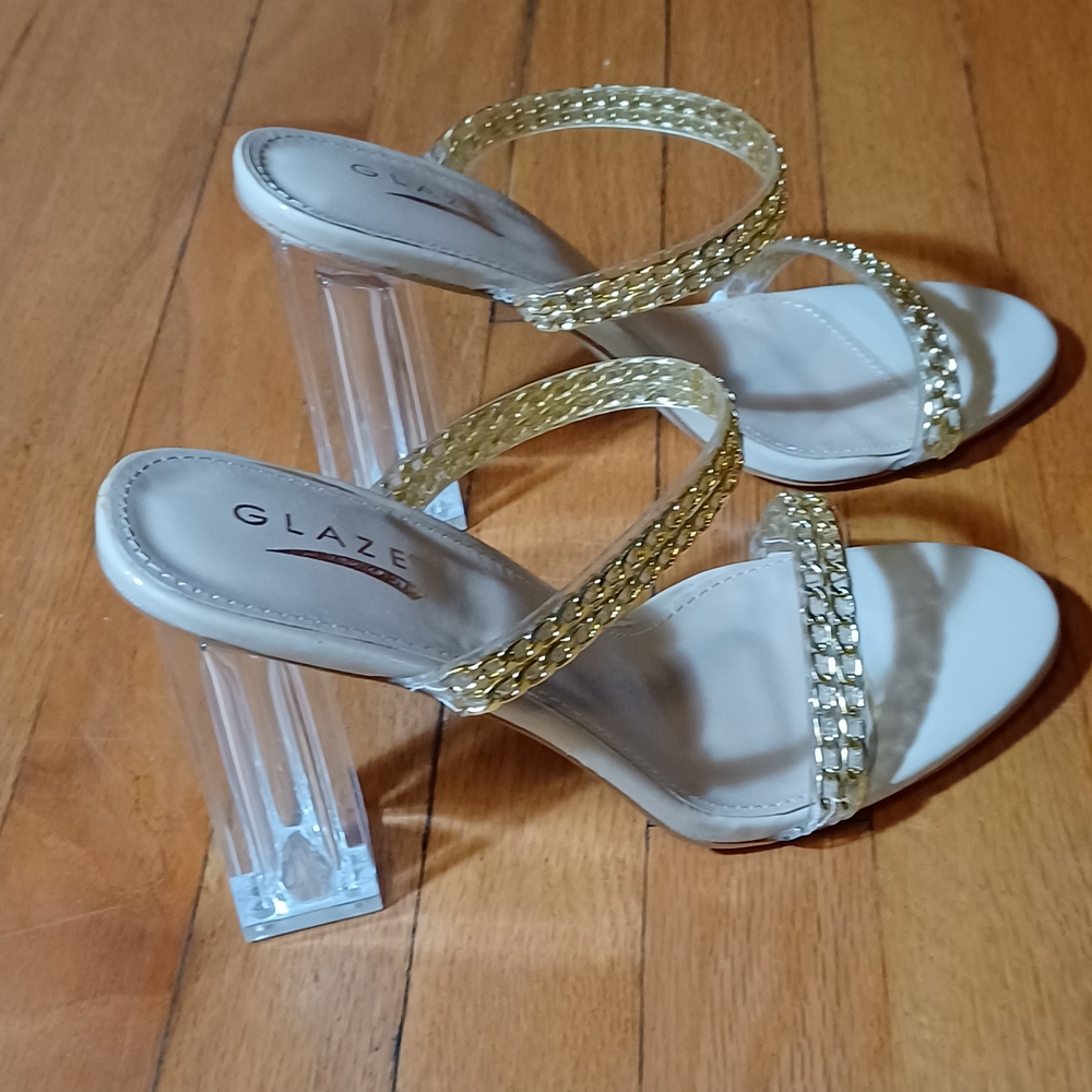 Glaze Women's Gold Heels with Clear Block Heel - Picture 11 of 11